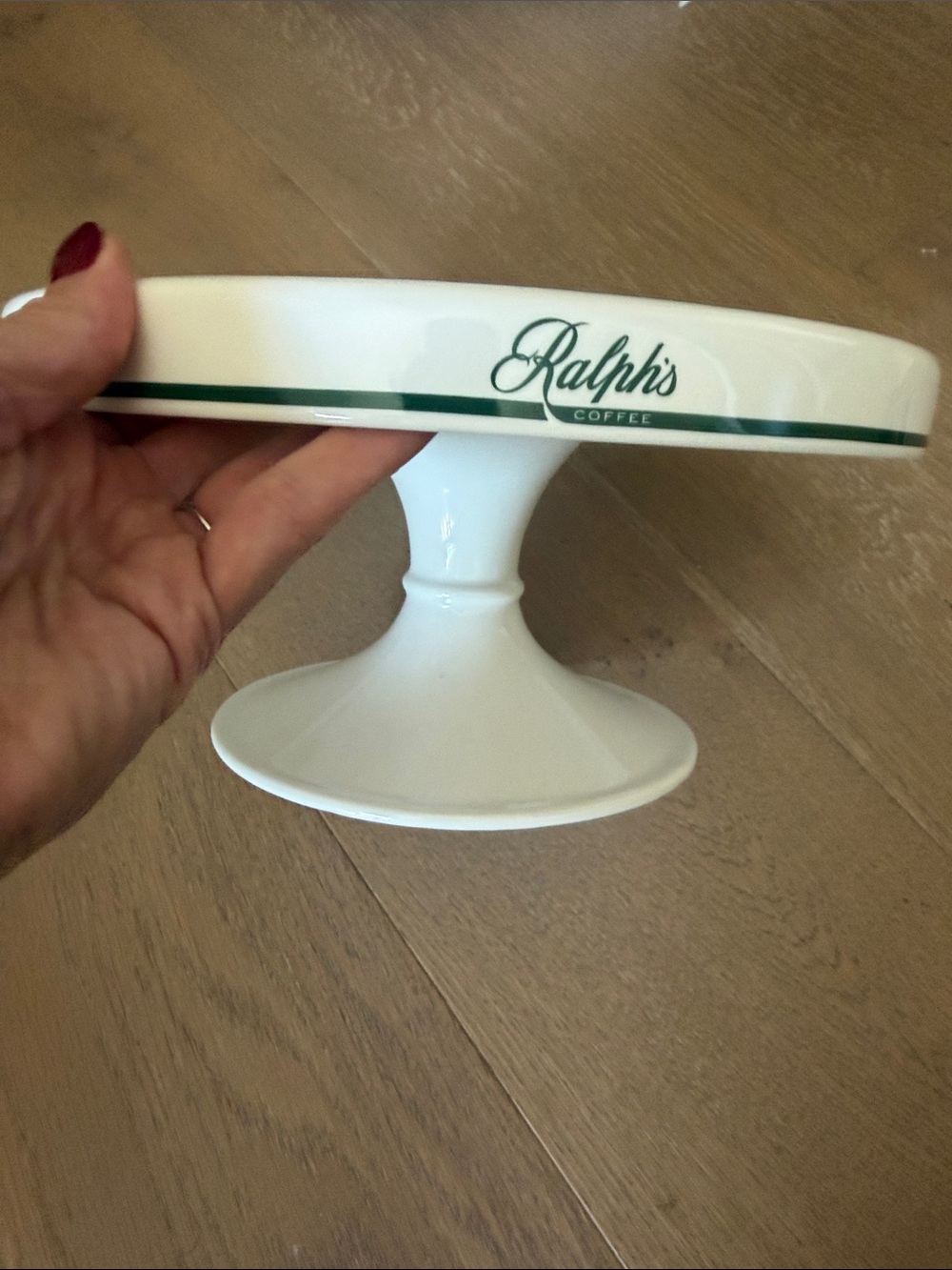 Ralph Lauren coffee White Ceramic Pedestal Cake Stand with Green Stripe. NWT